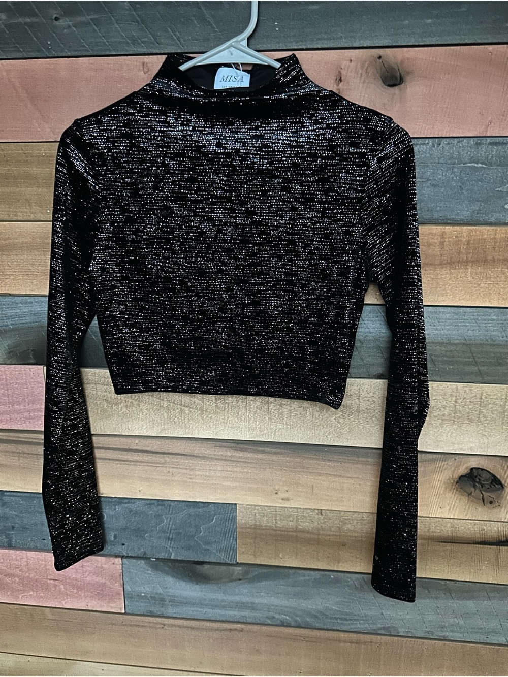 MISA Black Multicolor Glitter Fleck Mock Neck Cropped Long Sleeve To - Picture 3 of 4